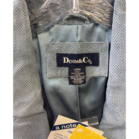 Women’s Denim & Co. Perforated Light Blue Leather Blazer Jacket Size L New W/Tag - Picture 3 of 8